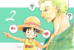 Rule 34 | 2boys, ?, arrow (symbol), artist name, black hair, child, close-up, earrings, green hair, green kimono, hanakotoba28, hat, highres, holding, holding clothes, japanese clothes, jewelry, kimono, looking up, male focus, monkey d. luffy, multiple boys, one piece, pointing, pointing to the side, profile, roronoa zoro, scar, scar across eye, scar on face, shirt, short hair, sideburns, sleeveless, sleeveless shirt, straw hat, v-shaped eyebrows, yellow shirt