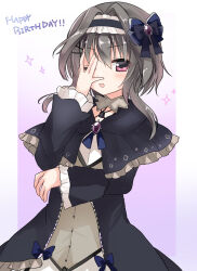 Rule 34 | 1girl, 9-nine-, arm under breasts, black capelet, black dress, black hair, black hairband, blue bow, blue ribbon, blush, bow, capelet, chest jewel, choker, chuunibyou, commentary, cowboy shot, diamond print, dress, english commentary, frilled capelet, frilled dress, frilled hairband, frilled sleeves, frills, gem, gem hair ornament, gothic lolita, hair between eyes, hair bow, hair intakes, hairband, hairpin, hand on own face, hand up, happy birthday, highres, jewelry, lolita fashion, long sleeves, multiple hairpins, necklace, one eye closed, open mouth, purple background, purple gemstone, red eyes, ribbon, short hair with long locks, simple background, smile, solo, sparkle, standing, takepoison, white background, wide sleeves, yuuki noa