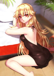 Rule 34 | 1girl, ass, backless dress, backless outfit, bare arms, bare back, bare legs, bare shoulders, black dress, blonde hair, commentary request, dress, eiyuu densetsu, esther shen, hair between eyes, long hair, looking at viewer, red eyes, roselia millstein, sen no kiseki, sen no kiseki iv, short dress, sitting, solo, thighs, very long hair, wariza