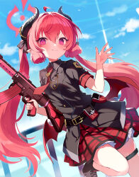 Rule 34 | abusoru, belt, belt bag, blue archive, boots, cloud, commentary, hair between eyes, halo, highres, horns, junko (blue archive), leg up, long hair, looking at viewer, military, military uniform, red eyes, red hair, sky, twintails, uniform, weapon, wings