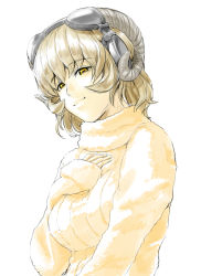 Rule 34 | 1girl, bad id, bad pixiv id, brown hair, face, hand on own chest, headphones, horns, original, ribbed sweater, shiba itsuki, short hair, simple background, sleeves past wrists, smile, solo, sweater, white background, yellow eyes