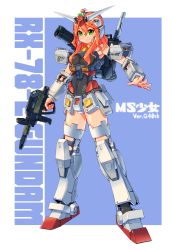 Rule 34 | 1girl, absurdres, ag 00000, armor, beam rifle, blue background, breasts, character name, commentary, energy gun, english text, full body, green eyes, gundam, highres, long hair, looking at viewer, mecha musume, mobile suit gundam, open hand, orange hair, rx-78-2, shoulder cannon, sidelocks, small breasts, smile, solo, standing, thrusters, two-tone background, v-fin, wavy hair, weapon, white background