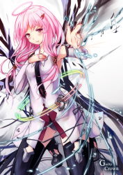Rule 34 | 10s, 1girl, bare shoulders, beamed quavers, black thighhighs, blush, breasts, detached sleeves, double helix, g.h (gogetsu), guilty crown, hair ornament, hairclip, halo, long hair, looking at viewer, musical note, pink hair, red eyes, small breasts, smile, solo, thighhighs, twintails, yuzuriha inori