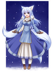 Rule 34 | 1girl, :d, animal ears, black eyes, blue hair, blush, dress, gloves, highres, inari, konshin, long hair, monster girl, multiple tails, open mouth, original, smile, snow, solo, tail, winter clothes