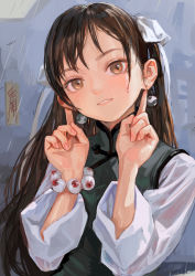 Rule 34 | 1girl, blush, bracelet, brown hair, china dress, chinese clothes, chinese text, dress, earrings, ears touching, eyeball, fkey, gesture, gesture request, green dress, grin, hair ribbon, hand on own ear, highres, jewelry, long hair, long sleeves, looking at viewer, original, pointing, pointing at self, rain, ribbon, smile, water drop, white ribbon, yellow eyes, yin yang