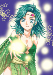 Rule 34 | 1990s (style), 1girl, breasts, cape, cleavage, detached sleeves, female focus, final fantasy, final fantasy iv, green eyes, green hair, kimagureneko, lowres, magic, matching hair/eyes, aged up, rydia (ff4), smile, solo