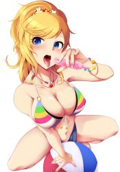 Rule 34 | 1girl, ball, bare arms, bare legs, bare shoulders, beachball, bikini, blonde hair, blue eyes, blush, bracelet, breasts, cleavage, collarbone, fingernails, front-tie bikini top, front-tie top, hair ornament, halterneck, highres, idolmaster, idolmaster cinderella girls, imacchi, jewelry, large breasts, long hair, looking at viewer, micro shorts, multicolored bikini, multicolored clothes, nail polish, navel, necklace, o-ring, o-ring bikini, ohtsuki yui, open fly, open mouth, pink nails, ponytail, short shorts, shorts, simple background, solo, spread legs, striped bikini, striped clothes, suggestive fluid, sweat, swimsuit, tongue, tongue out, tupet, white background