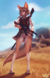 Rule 34 | 1girl, ak-47, alternate universe, animal ears, artist name, assault rifle, blood, blood on clothes, blunt bangs, blurry, blurry background, body armor, braid, brown eyes, brown hair, cleft of venus, day, earrings, fox ears, fox tail, furry, furry female, gun, highres, holding, holding gun, holding weapon, jewelry, kalashnikov rifle, khiara (personal ami), kneehighs, lips, looking to the side, no panties, original, outdoors, personal ami, playerunknown&#039;s battlegrounds, pleated skirt, pussy, rifle, savannah, shirt, short hair, side braids, signature, skirt, socks, solo, standing, tail, uncensored, weapon, white shirt, white socks, wind, wind lift