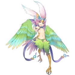 Rule 34 | 1girl, armlet, bare shoulders, bird legs, bird tail, blue hair, blue pupils, breasts, carol (clover theater), clover theater, feather hair ornament, feathered wings, feathers, gradient hair, green feathers, green wings, hair ornament, harpy, headdress, heart-shaped gem, monster girl, multicolored hair, navel, observerz, official art, open mouth, pink eyes, pink feathers, pink hair, revealing clothes, small breasts, solo, tail, talons, transparent background, winged arms, wings, yellow feathers