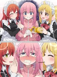 Rule 34 | 2koma, 3girls, @ @, absurdres, ahoge, apron, blonde hair, blush, bocchi the rock!, bow, bowtie, closed eyes, comic, cube hair ornament, cup, disposable cup, drooling, food, gotoh hitori, hair ornament, highres, holding, holding cup, ijichi nijika, jacket, kita ikuyo, lens flare, locked arms, long hair, maid, maid apron, maid headdress, meiji (meizi493), multiple girls, open mouth, orange eyes, pink hair, plastic bottle, pocky, pouring, red hair, smile, sweat, track jacket, whispering, yellow eyes, yuri