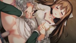 Rule 34 | 1boy, 1girl, blush, grabbing another&#039;s breast, breasts, brown eyes, brown hair, censored, clothed sex, clothes lift, dress, dress lift, dutch angle, from above, game cg, grabbing, gradient background, hetero, highres, jewelry, kantoku, koi suru kanojo no bukiyou na butai, long hair, looking at viewer, lying, medium breasts, missionary, mosaic censoring, necklace, on back, panties, panties around leg, penis, pink panties, pov, sex, solo focus, togawa mayuu, underwear, vaginal