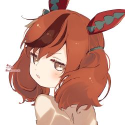 Rule 34 | 1girl, animal ears, blush, brown eyes, brown hair, brown shirt, commentary, ear covers, highres, horse ears, looking at viewer, looking back, multicolored hair, nice nature (umamusume), parted lips, shirt, signature, simple background, sofra, solo, streaked hair, symbol-only commentary, twitter username, umamusume, upper body, v-shaped eyebrows, white background