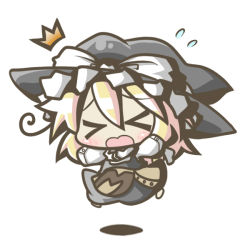 Rule 34 | &gt; &lt;, 1girl, aoblue, blonde hair, blush, chibi, closed eyes, female focus, full body, hat, jumping, kirisame marisa, ribbon, simple background, solo, touhou, white background, witch, witch hat