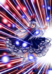 Rule 34 | 1girl, attack, blue hair, danmaku, dress, female focus, hat, imperishable night, kamishirasawa keine, magic circle, multicolored hair, open mouth, outstretched arms, sato-pon, silver hair, socks, solo, spread arms, touhou, white socks