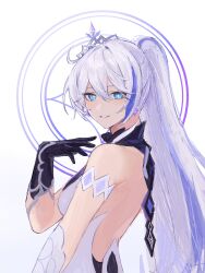 Rule 34 | + +, 1girl, asymmetrical gloves, backless dress, backless outfit, black gloves, blue eyes, breasts, commentary, dress, elbow gloves, english commentary, from side, gloves, gradient background, grey hair, hair between eyes, hand up, highres, honkai (series), honkai impact 3rd, kiana kaslana, kiana kaslana (herrscher of flamescion), long hair, looking at viewer, looking to the side, medium breasts, mismatched gloves, multicolored hair, ponytail, purple background, purple hair, redrawn, smile, solo, streaked hair, tiara, very long hair, weeiskaw, white background, white dress, white gloves