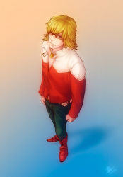 Rule 34 | 10s, 1boy, bad deviantart id, bad id, barnaby brooks jr., belt, blonde hair, boots, glasses, green eyes, jacket, jewelry, male focus, necklace, perspective, red jacket, solo, stacy navka, studded belt, tiger &amp; bunny