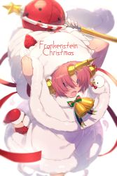 Rule 34 | 1girl, bell, blue eyes, breasts, dress, echo (circa), fate/grand order, fate/grand order arcade, fate (series), food, frankenstein&#039;s monster (christmas) (fate), frankenstein&#039;s monster (fate), fruit, hair over eyes, headgear, horns, jingle bell, large hat, mechanical horns, medium breasts, open mouth, pink hair, short hair, single horn, snowman, solo, staff, strawberry, stuffed toy, white dress, white headwear
