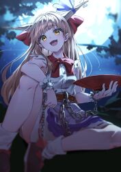 Rule 34 | 1girl, absurdres, blue ribbon, blush, bow, chain, commentary request, cup, fang, full moon, hair bow, highres, horn ornament, horn ribbon, horns, ibuki suika, knee up, long hair, looking at viewer, moon, night, open mouth, orange eyes, orange hair, outdoors, purple skirt, red bow, ribbon, sakazuki, shirt, skirt, smile, socks, solo, torn clothes, torn sleeves, touhou, wanko sora, white shirt, white socks
