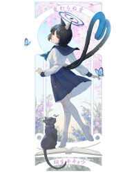 Rule 34 | 1girl, absurdres, animal ear fluff, animal ears, black cat, black hair, black tail, blue archive, blue halo, blue neckerchief, blue sailor collar, blue serafuku, blue skirt, bug, butterfly, cat, cat ears, cat tail, cherry blossoms, falling petals, full body, halo, heart, heart tail, highres, insect, kikyou (blue archive), kneehighs, long sleeves, looking at viewer, looking back, medium skirt, midriff peek, multiple tails, neckerchief, petals, pleated skirt, sailor, sailor collar, school uniform, serafuku, short hair, skirt, socks, tail, translation request, tree, two tails, white serafuku, white socks, yuyu (kerfish50927)