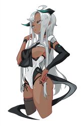 Rule 34 | 1girl, absurdres, ass, black thighhighs, breast curtain, breasts, cancell, cropped legs, dark-skinned female, dark skin, detached sleeves, grey eyes, grey hair, highres, horns, large breasts, leotard, long hair, original, sideboob, simple background, solo, tail, thighhighs, white background