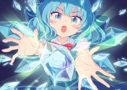 Rule 34 | 1girl, :o, absurdres, blue bow, blue dress, blue eyes, blue hair, blush stickers, bow, cirno, commentary request, dress, foreshortening, grey background, haruki reimari, highres, ice, ice crystal, ice wings, light rays, looking at viewer, open mouth, red neckwear, short hair, simple background, solo, touhou, upper body, wings