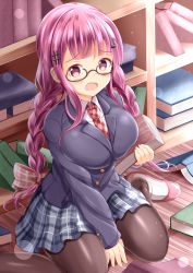 Rule 34 | 1girl, black-framed eyewear, black jacket, blazer, blush, book, braid, breasts, brown pantyhose, collared shirt, commentary request, eighth note, fingernails, fortissimo, glasses, grey skirt, hair ornament, highres, holding, holding book, jacket, large breasts, long hair, long sleeves, looking at viewer, low twintails, musical note, musical note hair ornament, necktie, on floor, open book, open mouth, original, pantyhose, plaid, plaid necktie, plaid neckwear, plaid skirt, pleated skirt, purple hair, red eyes, red necktie, semi-rimless eyewear, shirt, shoes, sitting, skirt, sleeves past wrists, solo, twin braids, twintails, under-rim eyewear, very long hair, wariza, white footwear, white shirt, wooden floor, xenon (for achieve)