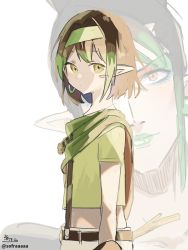 Rule 34 | 1boy, absurdres, aged down, black hair, blush stickers, brown eyes, brown hair, commentary request, earrings, from side, green hair, green hairband, green shirt, hairband, hanabatake chaika, highres, jewelry, looking at viewer, looking to the side, multicolored hair, nijisanji, pointy ears, projected inset, shirt, short hair, short sleeves, signature, simple background, sofra, streaked hair, twitter username, upper body, virtual youtuber, white background