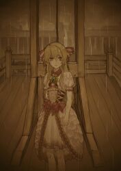 Rule 34 | 1girl, blonde hair, chaos marie (grimms notes), grimms notes, guillotine, hair ribbon, long hair, maeda26mm, pink eyes, rain, ribbon, solo