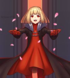 Rule 34 | 1girl, blonde hair, chagara, child, drag-on dragoon, drag-on dragoon 1, dress, gloves, looking at viewer, manah, open mouth, red dress, red eyes, short hair, smile, solo