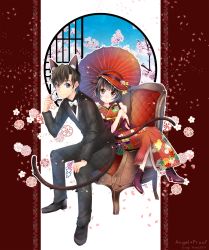 Rule 34 | 1boy, 1girl, :o, animal ears, ankle boots, armchair, black hair, blue eyes, boots, brown eyes, cat ears, cat tail, chair, duji amo, formal, high heel boots, high heels, highres, japanese clothes, kimono, oil-paper umbrella, original, round window, short hair, sitting, suit, tail, umbrella, usagihime, window