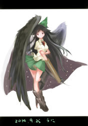 Rule 34 | 1girl, arm cannon, armor, black eyes, black socks, black wings, bow, brown hair, cannon, cape, collared shirt, dated, full body, greaves, hair ribbon, highres, kneehighs, letterboxed, long hair, namauni, puffy sleeves, reiuji utsuho, ribbon, shirt, shoes, short sleeves, simple background, single shoe, skirt, socks, solo, third eye, touhou, very long hair, weapon, white background, white shirt, wings
