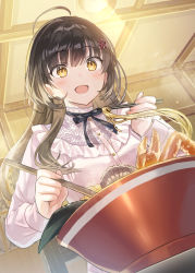 Rule 34 | 1girl, :d, ahoge, black ribbon, blush, bowl, brown hair, chopsticks, dutch angle, flower knot, food, frilled shirt, frills, hair between eyes, hair ornament, highres, holding, holding chopsticks, holding spoon, indoors, lace-trimmed collar, lace trim, long hair, long sleeves, looking at viewer, multicolored hair, neck ribbon, noodles, open mouth, original, pink shirt, ribbon, shirt, sidelocks, smile, solo, spoon, steam, streaked hair, tan (tangent), upper body, yellow eyes
