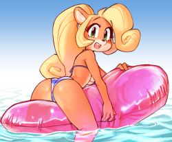 Rule 34 | 1girl, ahoge, alternate costume, animal ears, ass, bare shoulders, bikini, blonde hair, blue background, blue bikini, blush, body fur, breasts, cameltoe, coco bandicoot, crash bandicoot (series), female focus, from behind, furry, furry female, gradient background, green eyes, hair tie, hand up, happy, huge ahoge, inflatable raft, jaggy lines, light blush, long hair, looking at viewer, looking back, medium breasts, open mouth, outdoors, partially submerged, ponytail, revision, shiny skin, sidelocks, smile, solo, straddling, striped bikini, striped clothes, swimsuit, transparent, underboob, wamudraws, water