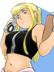 Rule 34 | 1girl, bare arms, bare shoulders, blonde hair, blue background, blue eyes, breasts, cowboy shot, earrings, expressionless, fullmetal alchemist, gloves, jewelry, long hair, looking down, navel, nore (boosuke), phone, ponytail, short sleeves, simple background, sleeveless, solo focus, tank top, upper body, white background, winry rockbell