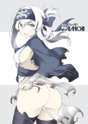 Rule 34 | 10s, 1girl, ainu clothes, ass, between breasts, black thighhighs, breasts, chain, character name, cowboy shot, detached sleeves, folded hair, from behind, fundoshi, grey eyes, hair between eyes, headband, japanese clothes, kamoi (kancolle), kantai collection, medium breasts, open mouth, robe, shigino sohuzi, sideboob, sidelocks, simple background, solo, thick eyebrows, thighhighs, torn clothes, white hair