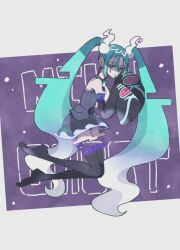 Rule 34 | aqua hair, black thighhighs, creatures (company), detached sleeves, domidomi444, floating, game freak, ghost, ghost miku (project voltage), glitch, gradient hair, grey shirt, hair between eyes, hatsune miku, long hair, multicolored hair, necktie, nintendo, pale skin, pokemon, project voltage, see-through, see-through skirt, shirt, skirt, thighhighs, twintails, very long hair, vocaloid, will-o&#039;-the-wisp (mythology), yellow eyes