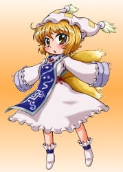 Rule 34 | 1girl, blonde hair, blush, chibi, dress, fang, female focus, fox tail, hat, hat with ears, highres, long sleeves, looking at viewer, multiple tails, open mouth, outstretched arms, short hair, solo, tabard, tachikawa, tail, touhou, white dress, wide sleeves, yakumo ran, yellow eyes