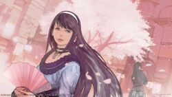 Rule 34 | 2girls, aldiytha thorne, black hair, blue dress, blue eyes, building, cherry blossoms, company name, copyright name, copyright notice, day, dress, dutch angle, expressionless, facing away, falling petals, final fantasy, final fantasy xiv, folding fan, frilled dress, frills, hairband, hand fan, highres, holding, holding fan, hyur, jewelry, lamppost, long hair, looking to the side, multiple girls, nagamine hiroyuki, necklace, official art, outdoors, petals, purple hair, signature, solo focus, standing, tree, upper body, white hairband, wind