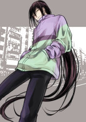 Rule 34 | 1boy, absurdres, black hair, black pants, city, fate/grand order, fate (series), feet out of frame, green eyes, green jacket, grey background, hands in pockets, highres, jacket, long hair, looking at viewer, male focus, multicolored clothes, multicolored jacket, pants, purple jacket, smile, solo, two-tone jacket, very long hair, yan qing (fate), yoi (207342)