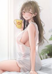 Rule 34 | 1girl, alternate costume, ame (uten cancel), arm support, bed sheet, blurry, blurry background, blush, breasts, brown hair, commentary, cup, depth of field, dress, feet out of frame, highres, holding, holding cup, idolmaster, idolmaster shiny colors, indoors, kuwayama chiyuki, large breasts, lips print, long hair, looking at viewer, looking to the side, messy hair, mug, see-through, see-through dress, see-through silhouette, sideboob, sitting, sleeveless, sleeveless dress, smile, solo, symbol-only commentary, very long hair, white dress