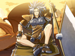 Rule 34 | arc system works, dragon, grey hair, grin, guilty gear, guilty gear x, guilty gear xx, guilty gear xx accent core, huge weapon, kliff undersn, male focus, manly, official art, shorts, shoulder pads, sitting, smile, solo, sword, weapon, wings, aged down