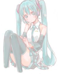 Rule 34 | 1girl, black thighhighs, blush, detached sleeves, green hair, hatsune miku, head tilt, kirisawa saki, long hair, looking at viewer, necktie, simple background, skirt, solo, thighhighs, twintails, very long hair, vocaloid, white background