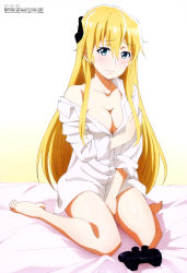 Rule 34 | 10s, 1girl, absurdres, barefoot, between legs, blonde hair, blush, breasts, cleavage, collarbone, controller, dress shirt, dualshock, embarrassed, feet, game controller, gamepad, gamers!, green eyes, hand between legs, highres, legs, long hair, looking at viewer, megami magazine, no bra, official art, on bed, playstation controller, shirt, simple background, sitting, solo, tendou karen, undressing, very long hair, yamanaka masahiro