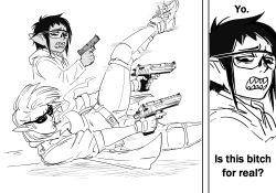 Rule 34 | 2girls, absurdres, bb (baalbuddy), belt, black hair, cigarette, commentary, dual wielding, elf, english commentary, english text, falling, female goblin, glock, goblin, goggles, greyscale, gun, handgun, highres, holding, holding gun, holding weapon, knee pads, medium hair, monochrome, mouth hold, multiple girls, open mouth, original, pants, pistol, pointy ears, sharp teeth, shoes, simple background, smoke, smoking, sunglasses, teeth, trigger discipline, weapon, white background, wince