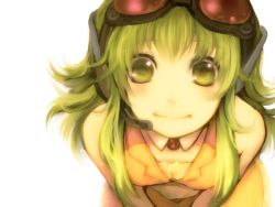 Rule 34 | 1girl, bent over, close-up, goggles, goggles on head, green eyes, green hair, green theme, gumi, headset, matching hair/eyes, oharu, short hair, simple background, smile, solo, staring, vocaloid, white background
