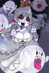 Rule 34 | 1girl, 6+others, alex ahad, black sclera, boo (mario), breasts, cleavage, colored sclera, colored skin, fangs, ghost, highres, king boo, large breasts, long hair, luigi&#039;s mansion, mario (series), multiple others, nintendo, open mouth, princess dress, princess king boo, red eyes, sharp teeth, silver hair, smile, solo, super crown, teeth, tongue, tongue out, white skin