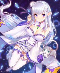 Rule 34 | 1girl, :d, artist name, bag, bare shoulders, blue background, blush, boots, braid, breasts, cat, cleavage, commentary request, crystal, detached sleeves, dress, earrings, emilia (re:zero), flower, frilled sleeves, frills, green eyes, hair flower, hair ornament, hair ribbon, hand up, handbag, jewelry, large breasts, long hair, long sleeves, looking at viewer, low-tied long hair, marota, miniskirt, open mouth, pleated skirt, pointy ears, puck (re:zero), purple eyes, purple ribbon, re:zero kara hajimeru isekai seikatsu, ribbon, rose, short dress, sidelocks, silver hair, skirt, smile, solo, thigh boots, thighhighs, thighs, twitter username, very long hair, white dress, white flower, white rose, white skirt, white thighhighs, wide sleeves, zettai ryouiki