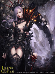 Rule 34 | 1girl, belt, breasts, cglange, cleavage, contrapposto, dated, hair over one eye, legend of the cryptids, lips, lipstick, long hair, makeup, purple hair, scythe, skull, standing, weapon, yellow eyes