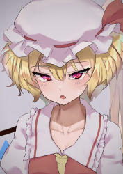Rule 34 | 1girl, absurdres, ascot, blonde hair, blush, breasts, collarbone, commentary request, crystal, fang, flandre scarlet, frilled shirt collar, frills, fuamaa, grey background, hair between eyes, hat, hat ribbon, highres, looking at viewer, mob cap, one side up, open mouth, pink eyes, pointy ears, puffy short sleeves, puffy sleeves, raised eyebrow, red ribbon, red vest, ribbon, sanpaku, short sleeves, simple background, skin fang, slit pupils, small breasts, solo, touhou, upper body, vest, white hat, wings, yellow ascot