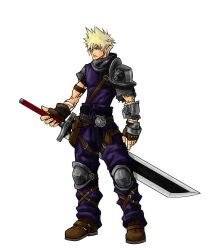 Rule 34 | 1boy, alternate costume, arm armor, armor, baggy pants, bandaged arm, bandages, belt, belt pouch, blonde hair, blue eyes, boots, brown footwear, buster sword, chainmail, closed mouth, cloud strife, earrings, final fantasy, final fantasy vii, fingerless gloves, full body, gloves, guillem dauden, hair over one eye, highres, holding, holding sword, holding weapon, jewelry, knee pads, leg belt, male focus, medieval, pants, pauldrons, pouch, purple pants, purple shirt, shirt, short sleeves, shoulder armor, single pauldron, spiked hair, studded gloves, sword, weapon, white background